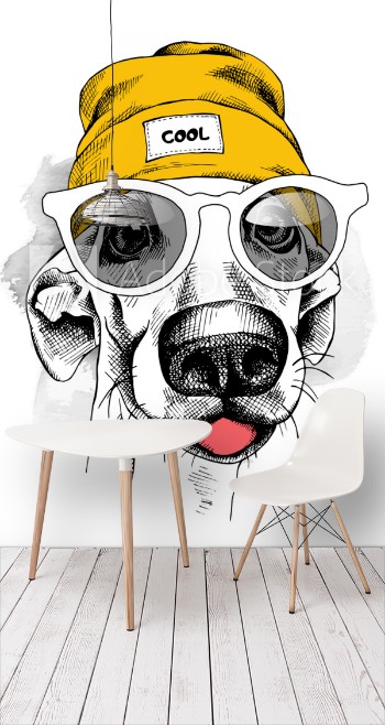 Picture of Portrait of dog in a yellow Hipster hat and with glasses Vector illustration